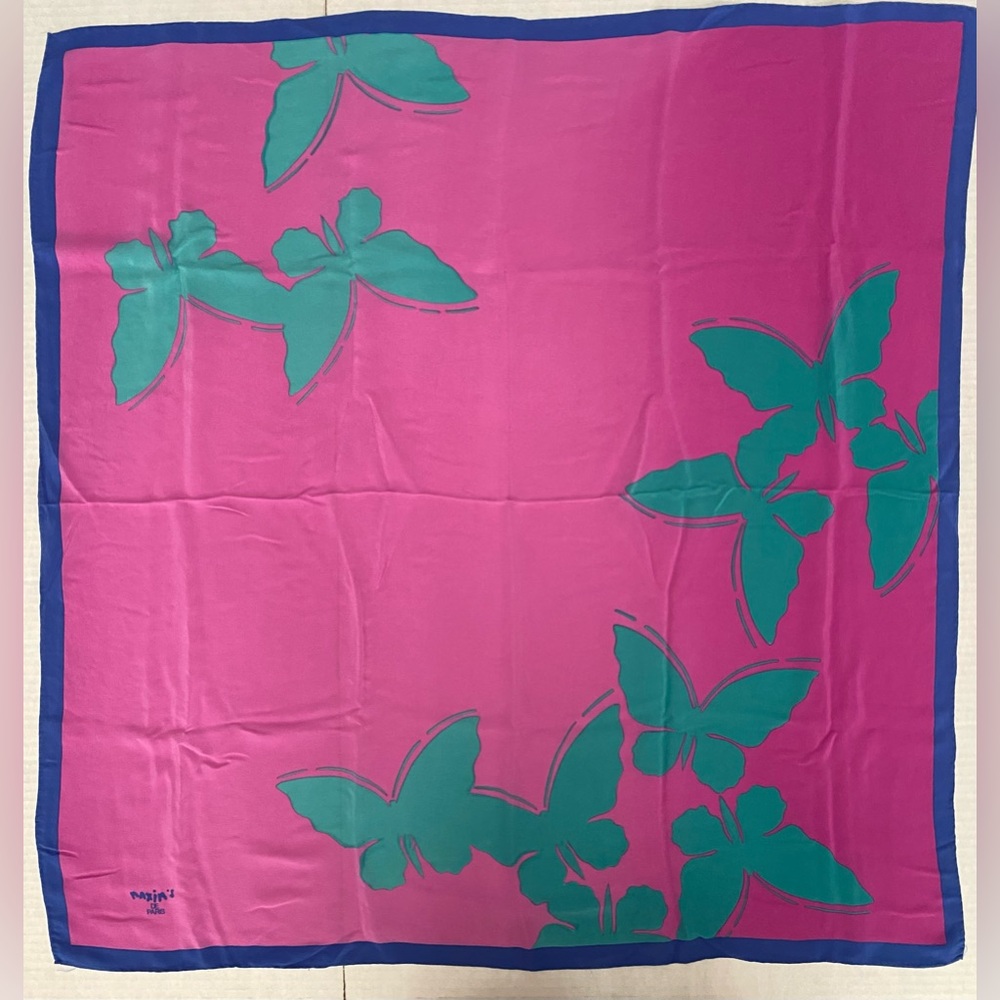 Maxim’s De Paris Silk Pink Ombré 33” Square Butterfly Scarf w/Blue Border - Picture 8 of 16